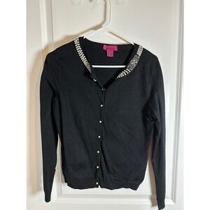 Lace Black Embellished Pearl Rhinestone‎ Cardigan Sweater Top Petite Sz P6